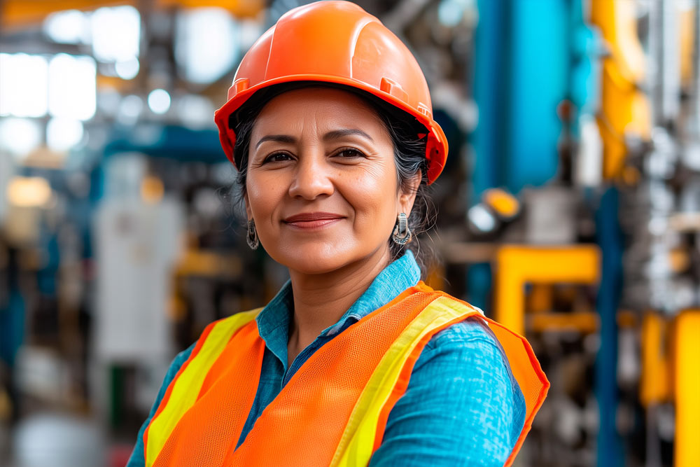 Smiling industrial operator wearing safety equipment, representing safe and reliable plant operations.