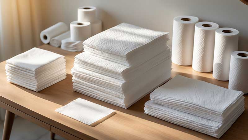 Stacks of tissue sheets and tissue rolls on a table, representing hygiene paper quality and converting requirements.