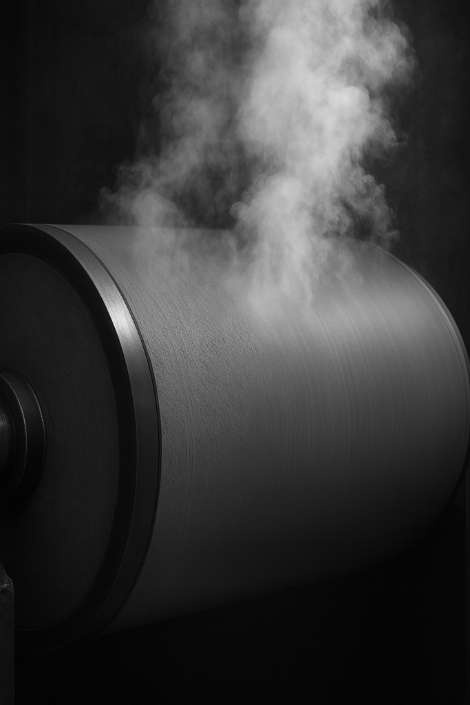 Close-up of a steaming Yankee cylinder surface, representing protection that extends blade life and improves tissue quality.