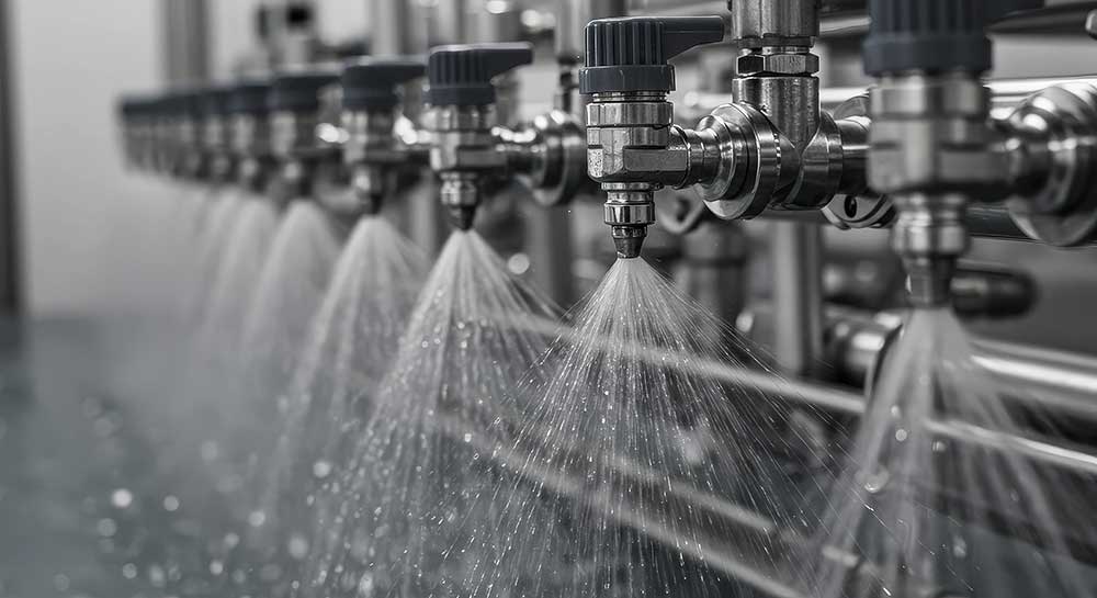 Spray nozzles applying a fine mist, representing controlled application of AXCHEM YANKEE® on tissue machines.