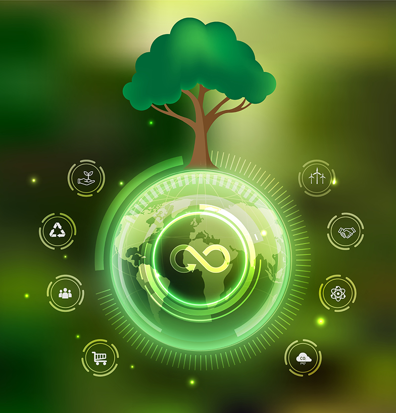 Green circular economy illustration with a tree, representing sustainable molded fiber and circular packaging solutions.