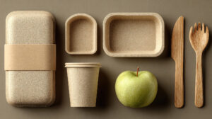 Molded fiber food packaging items with an apple and wooden cutlery, representing sustainable molded fiber solutions.