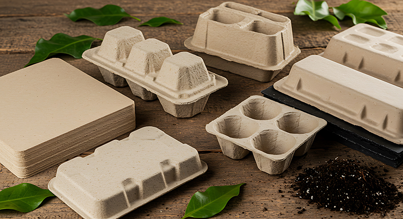 Molded fiber trays arranged on a work surface, representing stable production and quality control for molded fiber products.