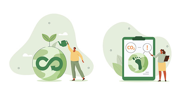 Illustration of circular economy and CO2 footprint tracking, representing sustainability measurement and continuous improvement.